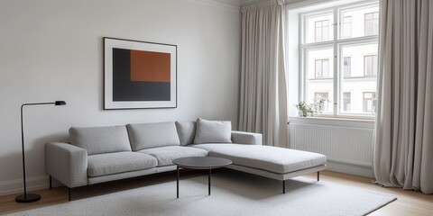 Modern living room with a light gray sectional sofa abstract art black floor lamp and a window with curtains