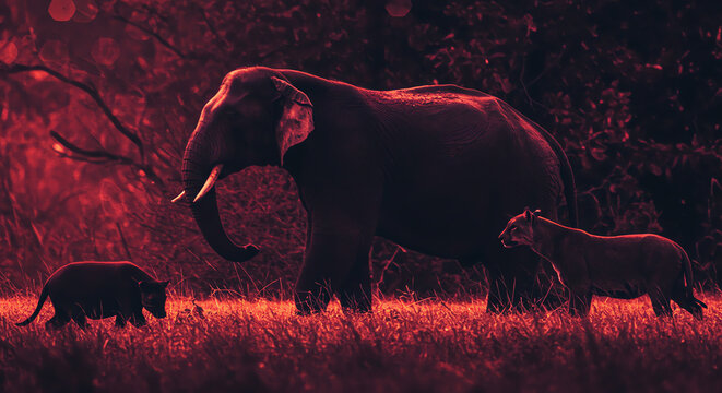 An elephant family, including a mother and two calves, walks through tall grass in a forest setting, bathed in a red light.
