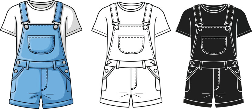 Shop trendy kids overall shorts outfit vector illustration cute apparel clothing fashion for children style