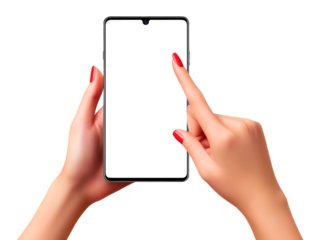 Close up of a woman s hands holding and touching a modern smartphone with a blank black screen isolated on transparent background
