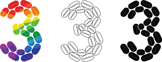 Fototapeta premium Number three vector illustration with rainbow color pills and black and white outline design set