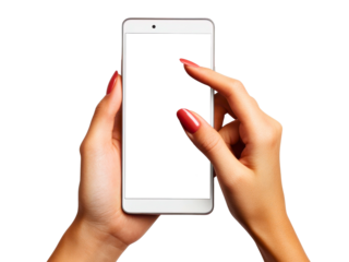 Woman s hands holding and touching a modern white smartphone with a blank black screen isolated on transparent background