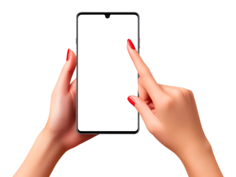 Close up of a woman s hands holding and touching a modern smartphone with a blank black screen isolated on transparent background
