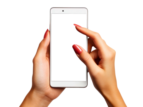 Woman s hands holding and touching a modern white smartphone with a blank black screen isolated on transparent background