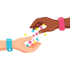 International Friendship Day 2025: Sharing Joy & Sparkle. Diverse hands exchanging colorful stars, symbolizing the beautiful act of giving, sharing, and creating happiness together.


