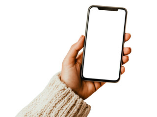 Close up of a person s hand holding a modern smartphone with a blank black screen isolated on transparent background