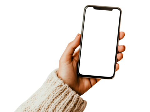 Close up of a person s hand holding a modern smartphone with a blank black screen isolated on transparent background