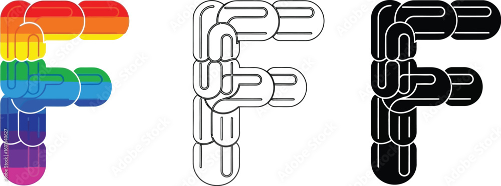 Poster letter f design element with rainbow gradient and outline variations for graphic design projects