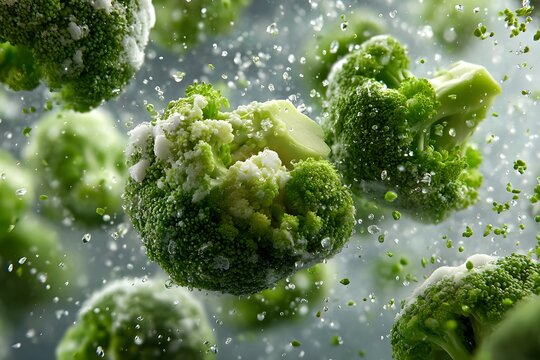 Fresh frozen broccoli florets with water droplets splashing, vibrant green healthy food concept
