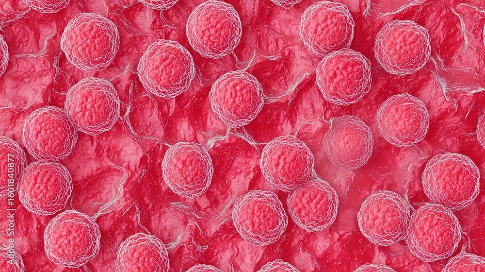 Poster microscopic view of numerous spherical cells with textured surfaces clustered together on a red, une