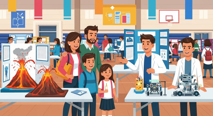 Excited family exploring science fair exhibits with students showcasing projects, robots, and volcanoes
