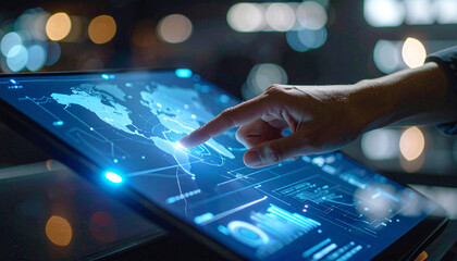 Digital Interaction: A person's fingertip interacts with a high-tech touchscreen displaying an interactive world map with dynamic data overlays.