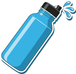 Bright blue reusable water bottle with cap and splashing water droplets against a blue background