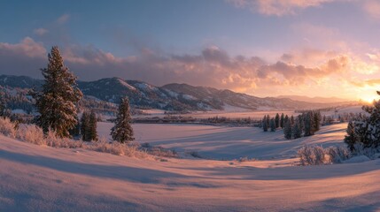 Snowy mountain valley at sunrise