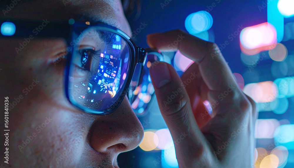 Poster vision of a tech pro: a close-up shot captures the inquisitive gaze of a person with glasses in a vi