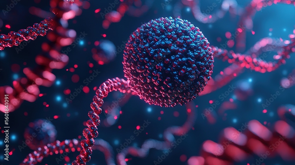 Poster a detailed 3d rendering of a virus particle with dna strands in a microscopic, high-tech environment