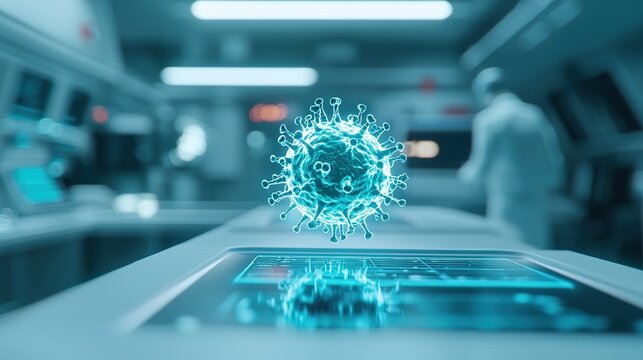 A 3D digital representation of a virus, likely coronavirus, glowing blue in a high-tech laboratory setting.