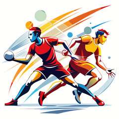 Two dynamic racquetball players shown in a stylized illustration of intense sports action.