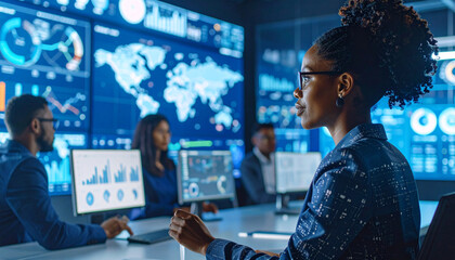 Navigating Data Insights: A focused analyst in a high-tech control room, immersed in monitoring global data streams and analysis, fostering an air of technological mastery and critical insights.