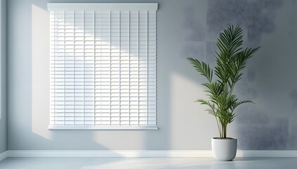 "Precisely aligned white vertical blinds transform sunlight into geometric patterns across this modern entry's white walls, accented only by a sculptural potted plant."

