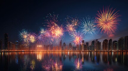 Fireworks over a city skyline at night