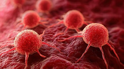 Close-up 3D illustration of cancer cells spreading on human tissue, showcasing their irregular shapes and invasive growth.