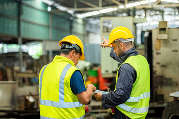 Two professional engineer worker technician assistant in helmet inspection check old machine...