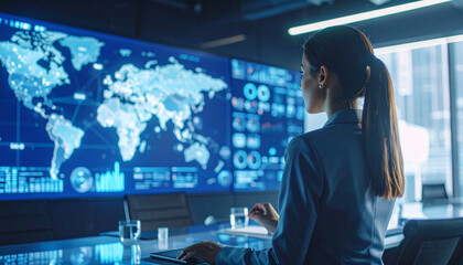 Data Analyst in Control Room: A focused data analyst monitors a global map display in a state-of-the-art control room, bathed in the cool glow of advanced technology.