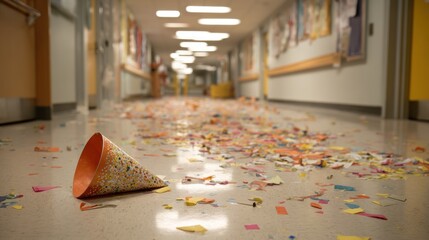 Party confetti-strewn hallway