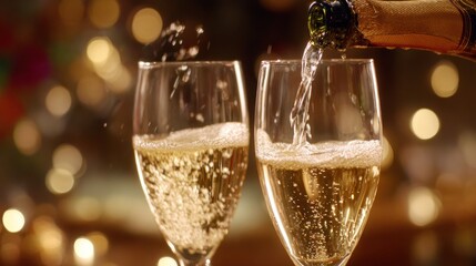 Champagne being poured into two glasses