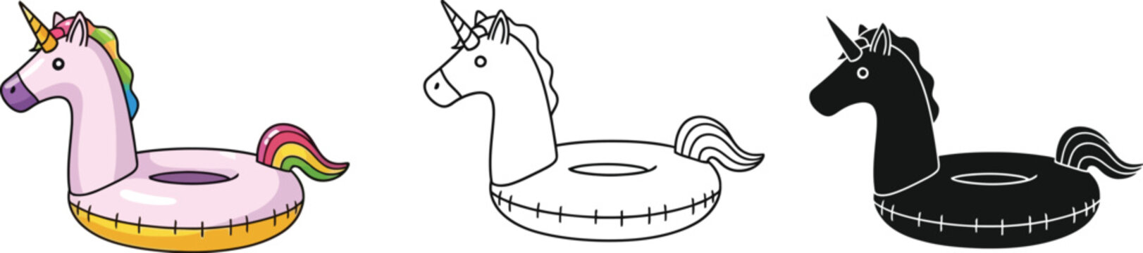 Unicorn pool float vector illustration set summer fun water toy inflatable ring drawing outline black