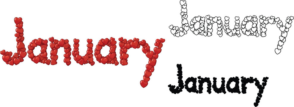 January month heart shape design, love themed january calendar, january month vector illustration art