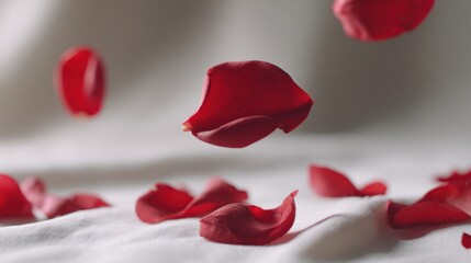 Rose petals falling on white cloth