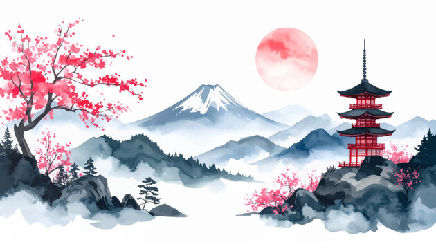 erene Japan landscape with cherry blossoms and Mt. Fuji. Watercolor painting of Mt. Fuji with pagoda and cherry trees. Japan watercolor artwork of Mt. Fuji and cherry blossoms.