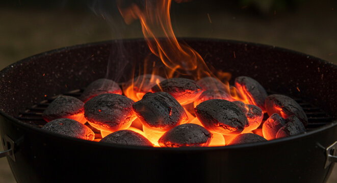 Barbecue Grill Pit With Glowing And Flaming Hot Charcoal Briquettes, Close-Up