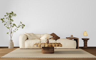 Cutout PNG of Sofa with Wooden Coffee Table and Modern Side Lamp – Transparent Background and Shadow