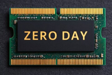 "ZERO DAY" marked boldly on a black memory module in a close-up image of a computer RAM chip, symbolizing hidden vulnerabilities within hardware.
