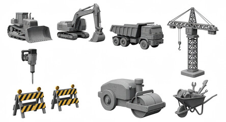 Realistic 3D construction vehicles and equipment, perfect for illustrating building projects, infrastructure development, and urban planning concepts