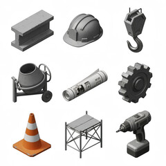 Isometric construction elements featuring a blueprint, drill, traffic cone, hard hat, and scaffold, reflecting themes of building, safety, and planning