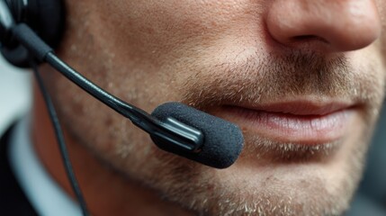 Close-up of a man wearing a headset with a microphone, showing facial hair and lips, likely engaged in communication or customer service.
