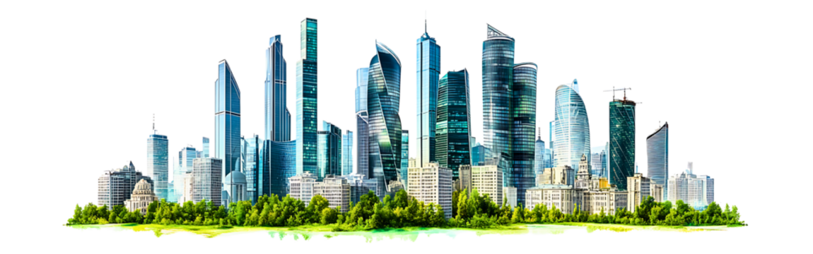 Futuristic eco cityscape with vibrant greenery and illuminated skyscrapers isolated on transparent background