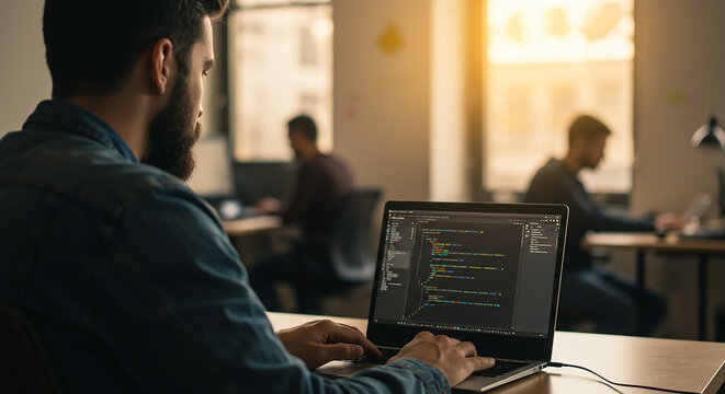 Over-the-shoulder view of coding on laptop in co-working space - Powered by Adobe