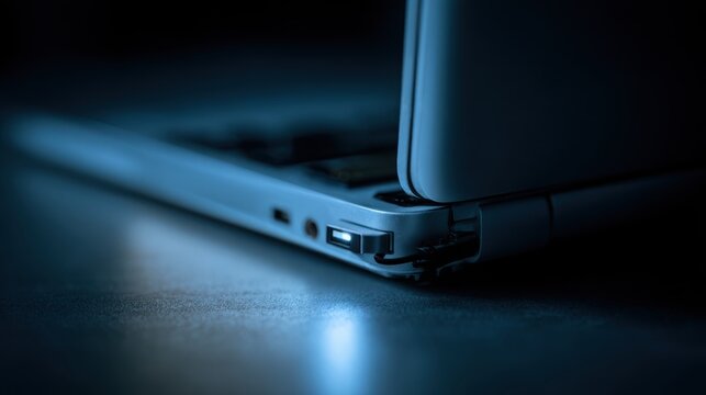 Zero Day Concepts. Close-up of a laptop corner with dimly lit USB port and power button. Near the hinge, a hidden keylogger discreetly connects&mdash;suggesting covert cyber espionage beneath the surface.