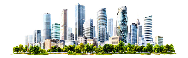 Fototapeta premium Modern city skyline with diverse skyscrapers and lush green trees in the foreground isolated on transparent background