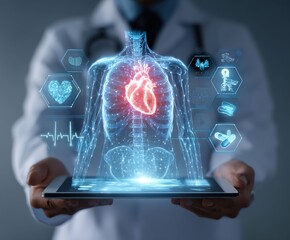 A doctor examines the human body and the heart with modern technology, a medical concept. The doctor holds a digital tablet displaying a holographic representation of the human body.