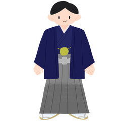 青い袴を着た成人男性のかわいい手描きカラーイラスト