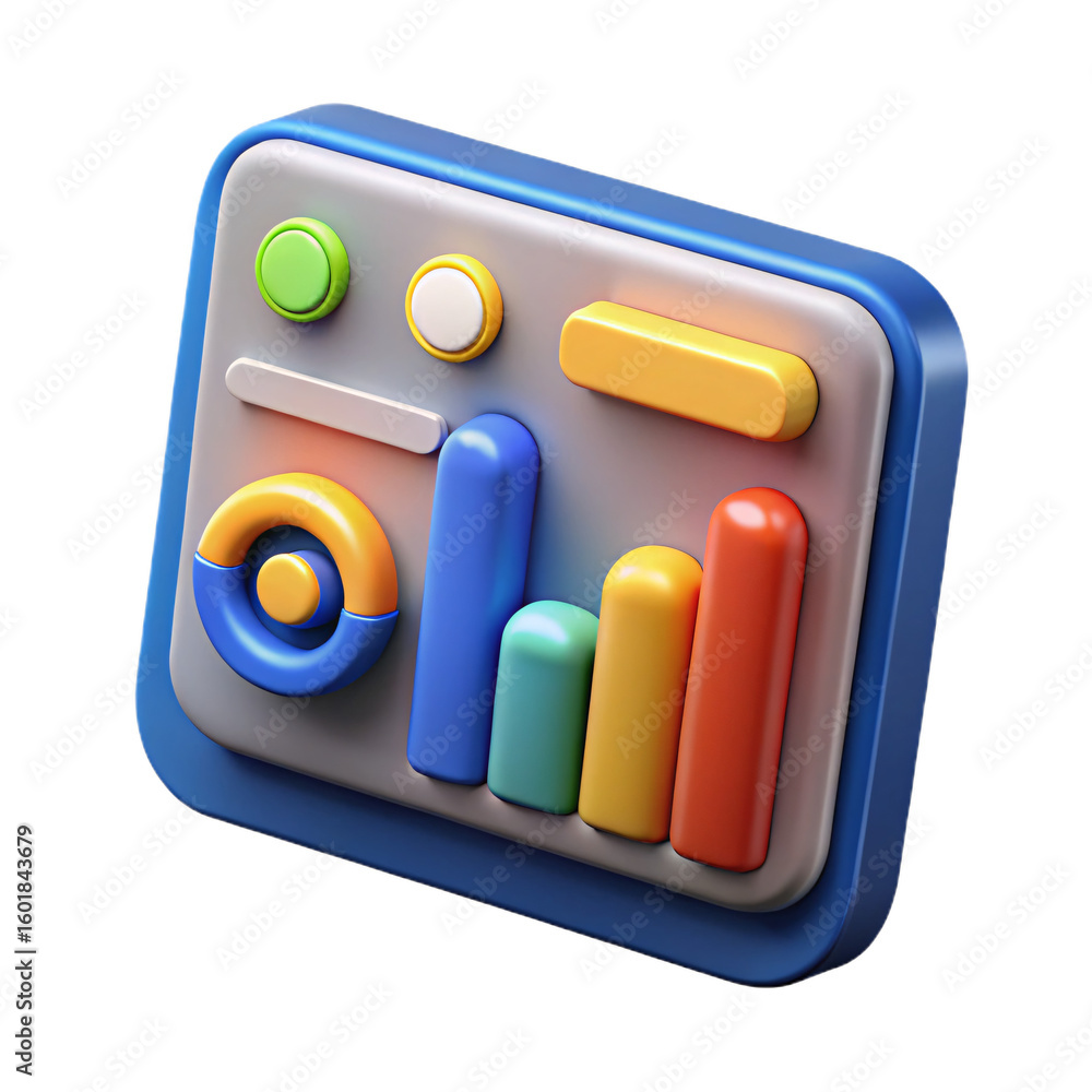 Poster 3d data visualization dashboard icon with bar graphs and pie chart on a transparent background for a