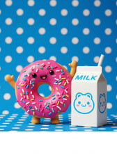 Cute cartoon donut with pink frosting and milk carton on a polka dot background sweet food photography