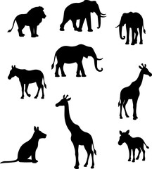 Obraz premium set of animals silhouettes, silhouette, animal, vector, horse, farm, cow, goat, animals, illustration, dog, icon, elephant, wild, cat, sheep, deer, set, collection, lion, giraffe, nature, silhouettes,