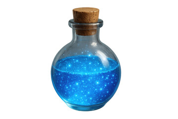 Translucent glass bottle holding luminescent blue liquid, sparkling against clear backdrop